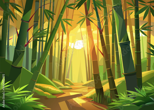 Enchanting bamboo forest scene with warm light highlighting intricate details and textures.