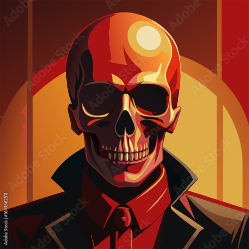 Dark Red Skull in Suit with Glowing Head Illustration.