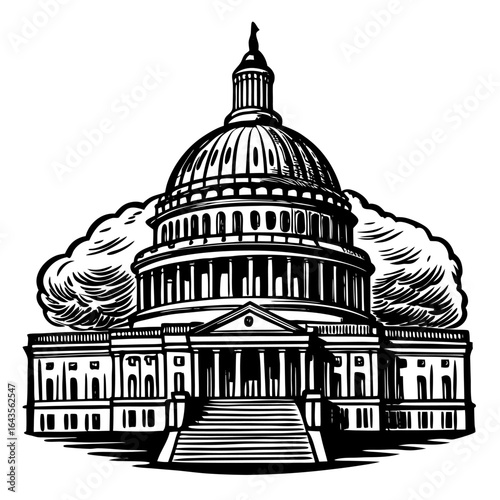 A striking black and white depiction of the United States Capitol Building with clouds surrounding its dome and columns.