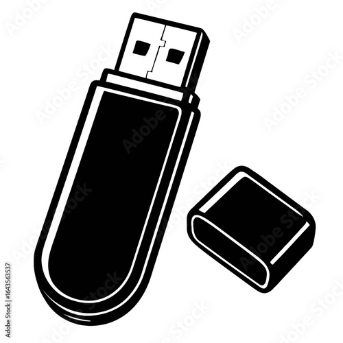 Vector of a USB Flash Drive - Digital Storage with Cap in Black and White