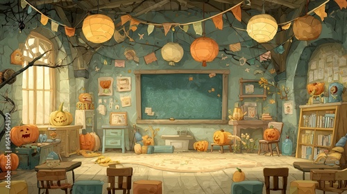 Whimsical Halloween Classroom Decorated with Pumpkins and Lanterns