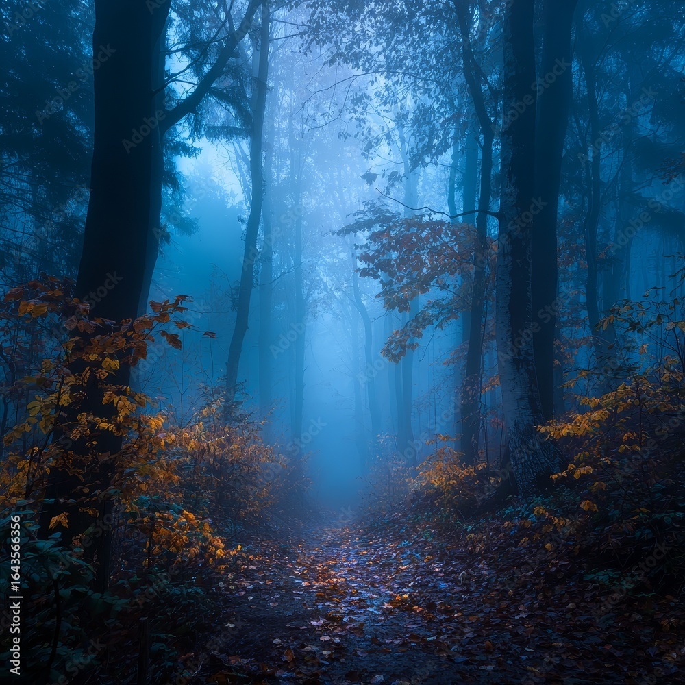 Obraz premium Foggy Forest with Fall Pumpkins in Enchanted Landscape