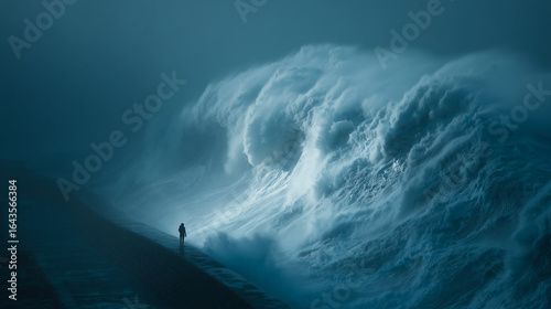 A metaphor for emotional regulation, with a lone person facing a massive, overwhelming wave of emotion.