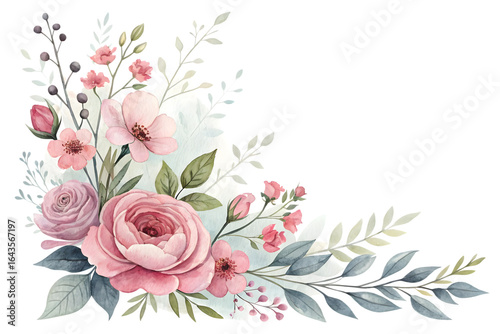 Watercolor floral corner arrangement with pink roses isolated on transparent background. Flower PNG.