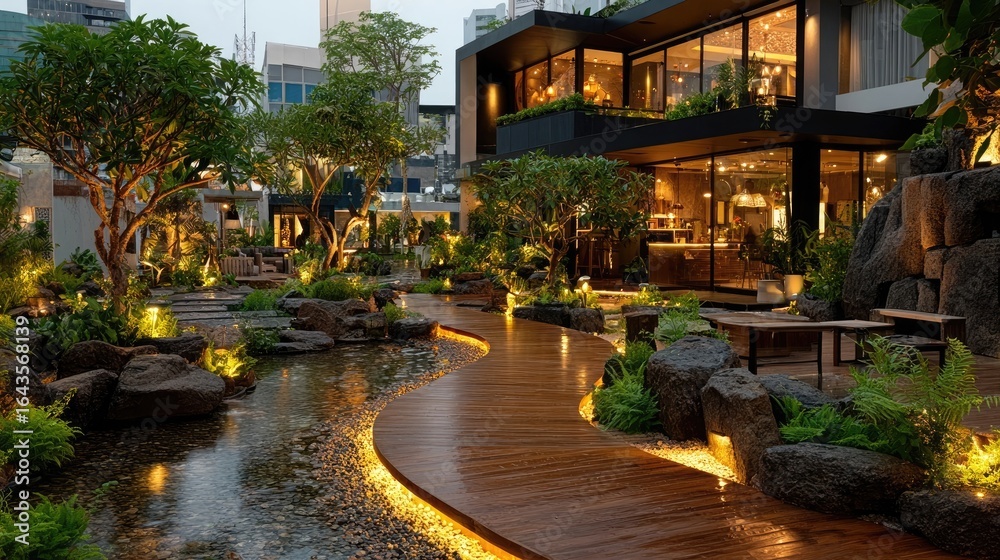 Obraz premium Urban oasis with flowing water & wooden path