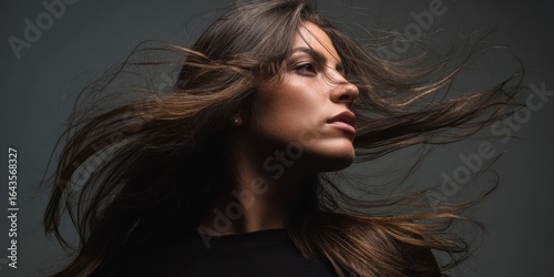 The elegant woman with flowing hair in a dramatic portrait setting.
