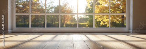 Creative Abstract Commercial Background: Autumn Outdoor Scene Merging with Interior Design. Floor-to-ceiling Windows Blending Nature and Indoor Space. Innovative Concept for Architecture, Home Decor, 