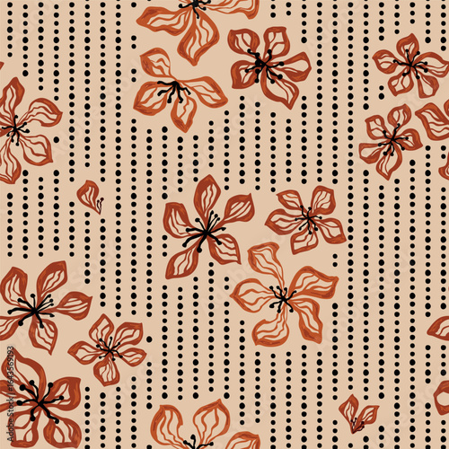Hand drawn flowers and polka dot stripes seamless pattern. Brown autumn floral print, background, wallpaper. Botanical dotted wrap paper, textile design, fabric, repeat background. Vector illustration
