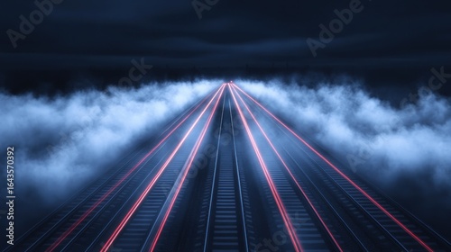 Abstract Rail Transport Journey Through Dreamy Clouds and Light Streaks at Night