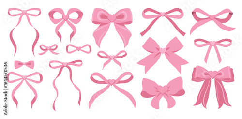 Simple hand drawn pink ribbon bow collection. Bowknot for decoration, big set of pinky bowtie. Large retro hand drawn ribbon illustration set. Set of various cartoon bow knot, gentle gift ribbon heart