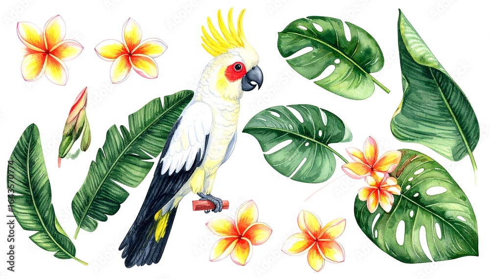 Obraz premium Watercolor illustration of a Cockatoo parrot with tropical flowers and leaves