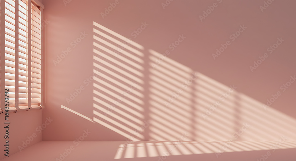 Obraz premium Sunlight streams through blinds casting shadows on a wall and floor