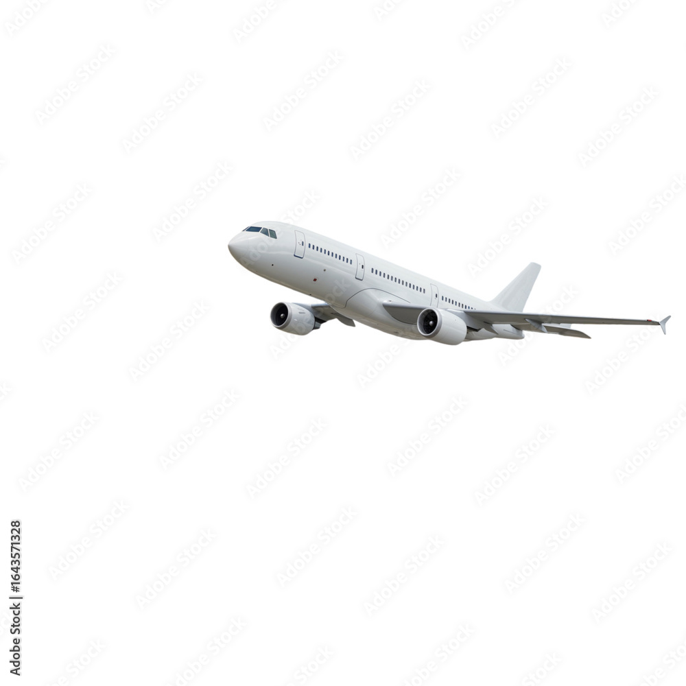 Fototapeta premium Modern white passenger jet airplane ascending during takeoff with engines engaged isolated on transparent background
