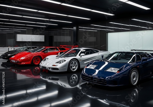 Elegant Garage Display of Classic Supercars in Pristine Condition and Detail