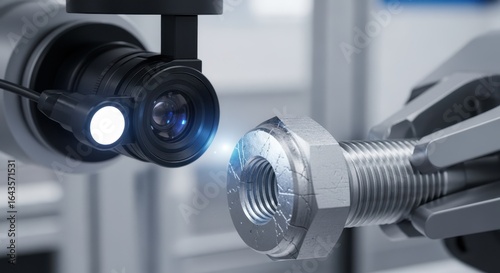 Detailed shot of closeup camera scanning aerospace fastener surface for cracks and imperfections at fully automated inspection station.