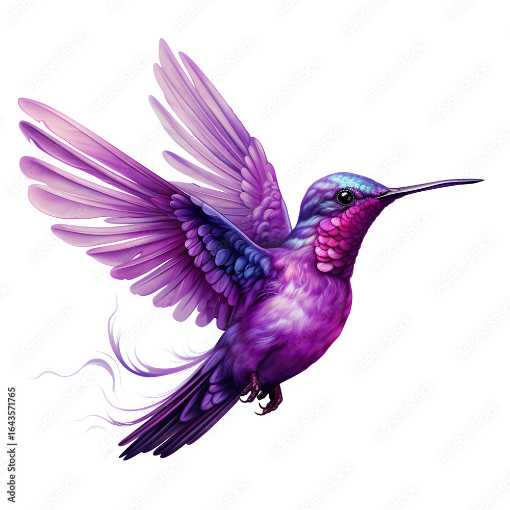 Obraz premium Vibrant purple hummingbird flies on black; a whimsical illustration for posters.