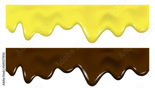 Realistic yellow, brown chocolate drip cream drops, marmalade.