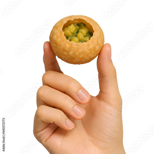 Female hand holding a filled Indian street snack pani puri with visible spicy mashed green peas filling, raised in the air against transparent background. Concept of street food, culture, and snack  