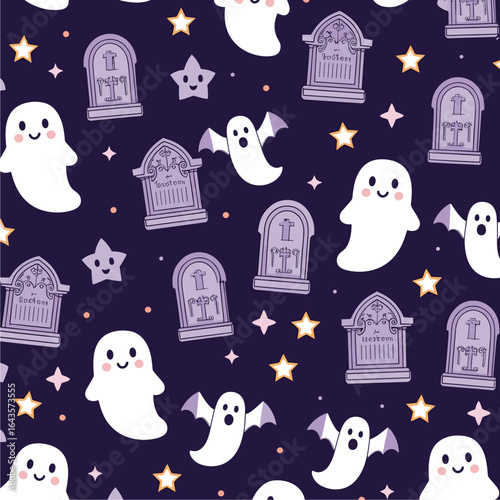 Adorable Halloween Night Seamless Pattern with Kawaii Ghosts, Tombstones, and Stars