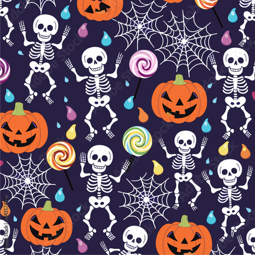 Playful Halloween seamless pattern with spooky skeletons, carved pumpkins, and colorful sweets on a dark background