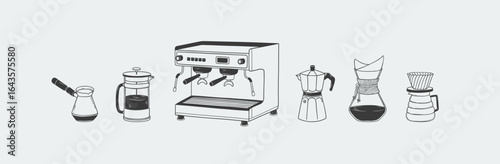 Hand drawn linear set of coffee making equipment. Coffee preparation with coffee machine, turk, french press, moka pot, chemex, pour over. Doodle items for menu, print, cafes, coffee shop design