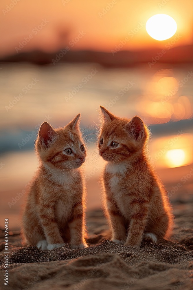 Obraz premium Two ginger kittens on a beach at sunset
