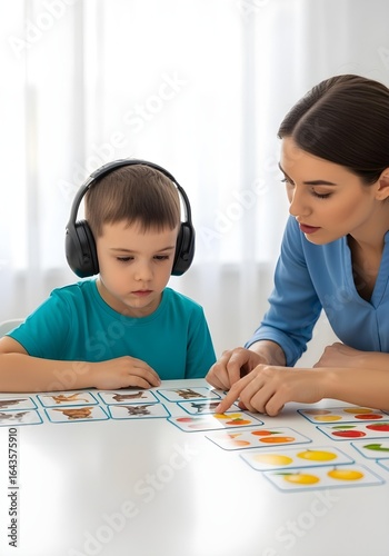 Autistic child boy with noise cancelling headphone in therapy using picture cards with therapist for communication skills and autism spectrum inclusion awareness