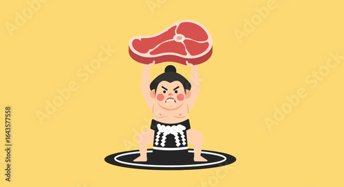 A Sumo Wrestler Character Lifting a Large Raw Steak Above His Head with Determination Displayed on His Face Symbolizing Strength and Power in a Studio Setting Against a Vibrant Yellow Background