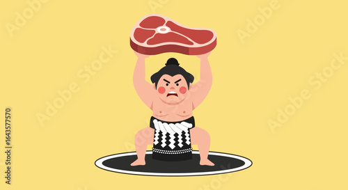 Sumo Wrestler Lifting a Raw Steak Overhead Powerfully Showing Strength and Determination for a Healthy Meal