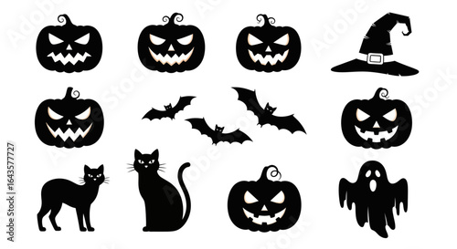 A Spooky Collection of Halloween Icons Featuring Jack-o-Lanterns Black Cats Flying Bats Witch Hats and Ghost Silhouettes Perfect for Festive Decorations and Themed Party Invitations