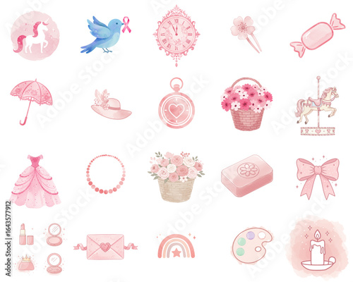 Feminine themed icons in pink watercolor design