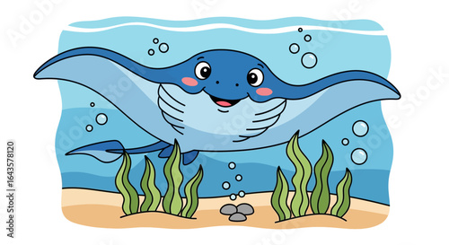 An Adorable Blue Manta Ray Glides Through the Ocean Depths Surrounded by Underwater Plants and Bubbles a Happy Marine Creature Swimming in Its Natural Habitat