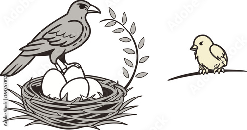 A crow and chick in a nest, a symbol of care and new life.