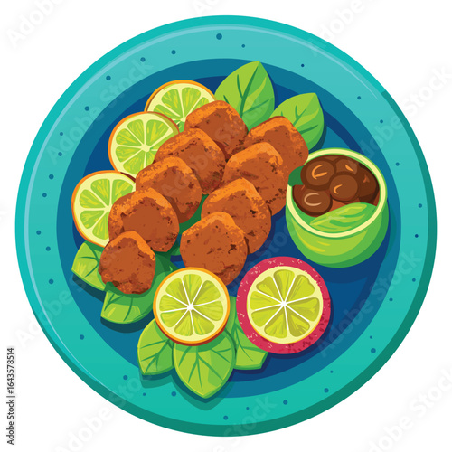 Deliciously presented falafel with fresh lime slices vibrant green leaves and a side of dipping sauce on a blue plate