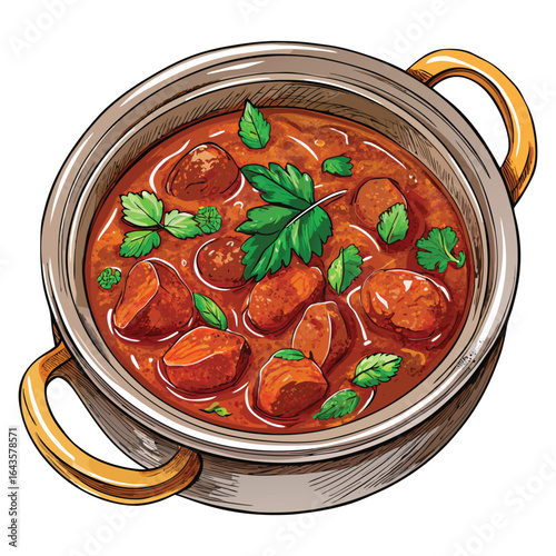 A delicious and hearty meatball stew simmering in a rustic pot garnished with fresh green herbs and spices