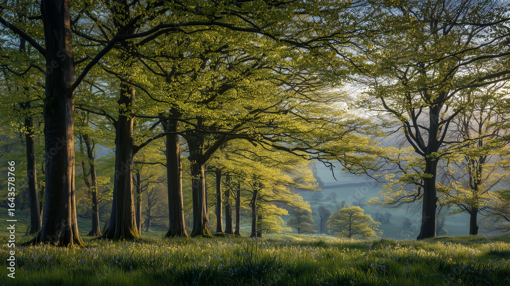 Fototapeta premium 新緑のブナ並木と朝の光