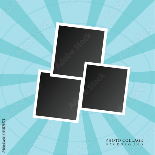 Blank photo collage template with three frames on a teal sunburst background