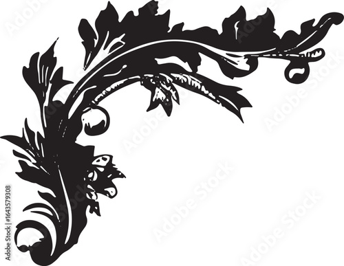 Decorative floral corner ornament with leaf and scroll pattern. Elegant vintage frame vector illustration.
