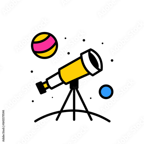 Telescope Observing Colorful Planets. Astronomy Exploration Telescope. Cartoon Telescope Under the Stars