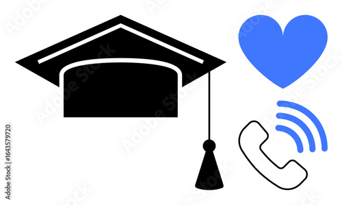Black graduation cap symbolizes education achievement, blue heart conveys care and support, phone with signal waves represents communication. Ideal for education, support systems, student counseling