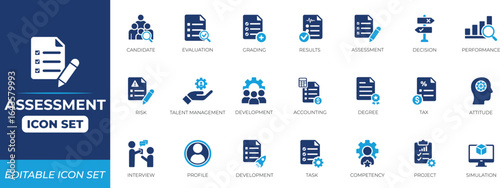 Assessment icon set. Business, education, work, success, teamwork, and task solid icon collection.