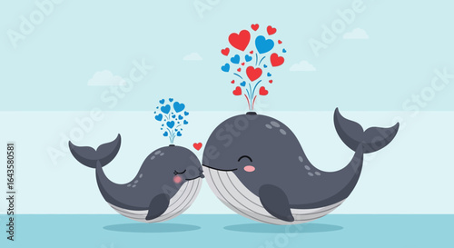 A heartwarming illustration of a mother whale and her calf sharing a tender moment with hearts spouting from their blowholes symbolizing their deep love and connection in the vast ocean
