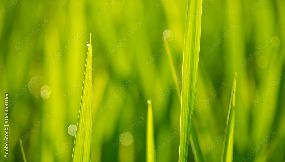 Fototapeta premium Close-up of vibrant green grass blades with dew drops