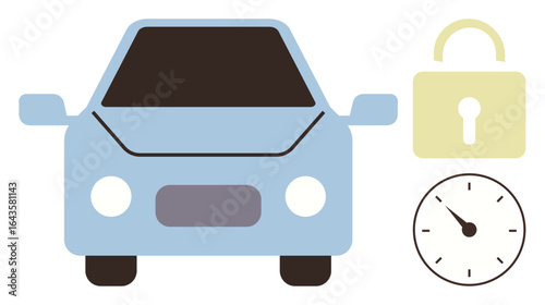 Blue car, beige lock, clock with arrow highlight automotive security, access control, timely maintenance, rental services, efficiency, safety driving reliability concepts. Ideal for simple flat