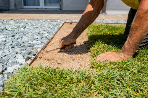 Manual Turf Installation by Hand with Knife and Gravel Border