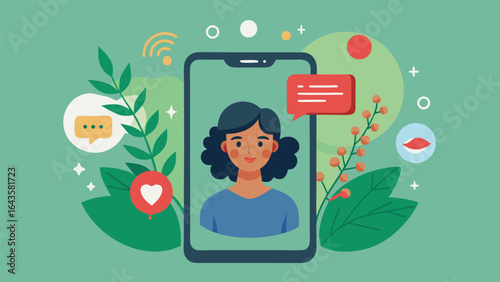 Flat illustration of a woman communicating via smartphone with chat bubbles and decorative elements