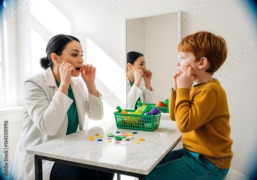 Autistic child boy in speech therapy with mirror practicing mouth exercises with therapist for articulation skills and autism spectrum inclusion awareness