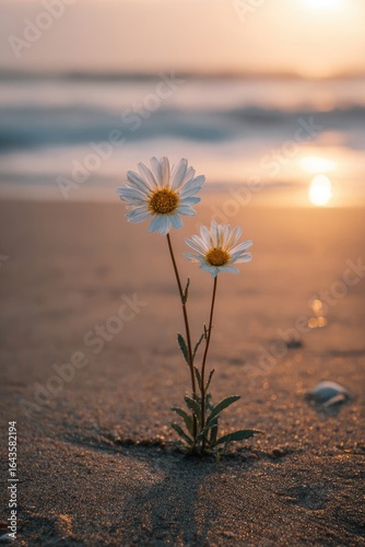 Two white daisies on sandy beach at sunrise