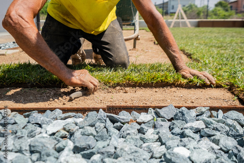 Lawn Installation with Gravel Border and Manual Ground Prep