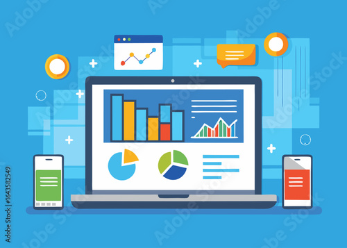 Laptop computer displaying colorful charts and graphs with mobile devices screen